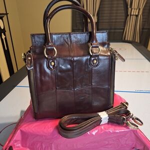Cobbler Legend Brown Croc-Embossed Leather Satchel with Metallic Accents